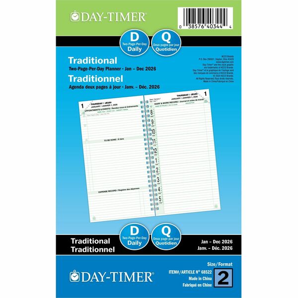 DayTimer 2 Pages Per Day Planner Refill, Pocket Size, 6-1/2" x 3-1/2" , Bilingual - Pocket - Daily - 12 Month - January 2026 to December 2026 - 8:00 AM to 5:00 PM - Quarter-hourly - 1 Day Double Page Layout - 3 1/2" (88.90 mm) x 6 1/2" (165.10 mm) Sheet S