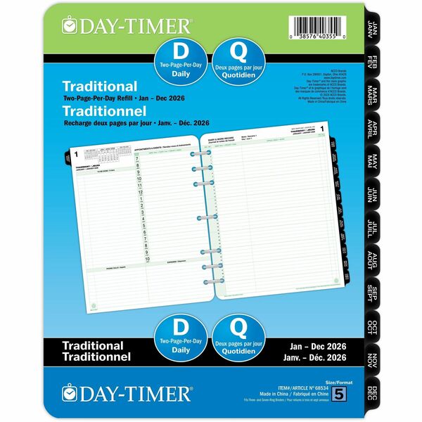 DayTimer 2 Pages Per Day Planner Refill, Folio Size, 11" x 8-1/2" , Bilingual - Folio - Daily - 12 Month - January 2026 to December 2026 - 7:00 AM to 10:00 PM - Hourly - 1 Day Double Page Layout - Letter - 8 1/2" (215.90 mm) x 11" (279.40 mm) Sheet Size -