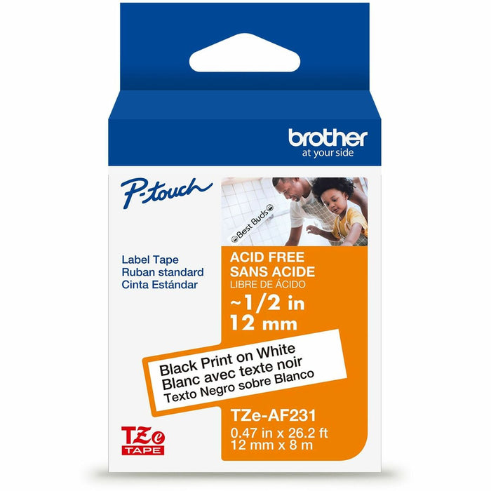 Brother Label Tape - x 15/32" (12 mm) Width x 26 1/5 ft (8 m) Length - Thermal Transfer - Black on White - Paper - Water Resistant - Laminated - 1 Each