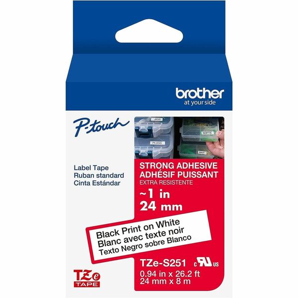 Brother Genuine P-touch TZe251 BK on WHT Label Tape, Laminated, 24mmX8m - 15/16" (24 mm) Width - White - Laminated - Water Resistant - 1 Each