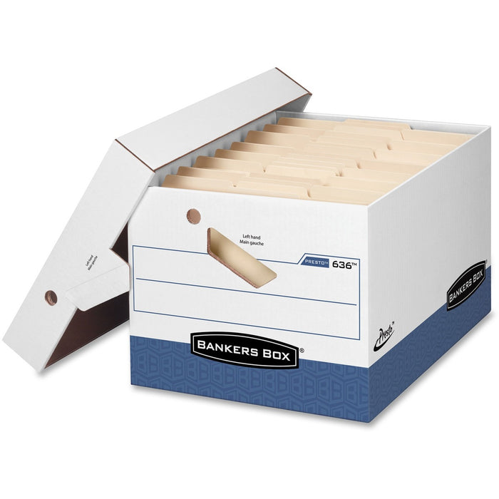 Bankers Box Presto File Storage Box - Internal Dimensions: 12" (304.80 mm) Width x 15" (381 mm) Depth x 10" (254 mm) Height - External Dimensions: 12.9" (327.15 mm) Width x 16.5" (419.10 mm) Depth x 10.4" (263.65 mm) Height - 850 lb (385553.51 g) - Media
