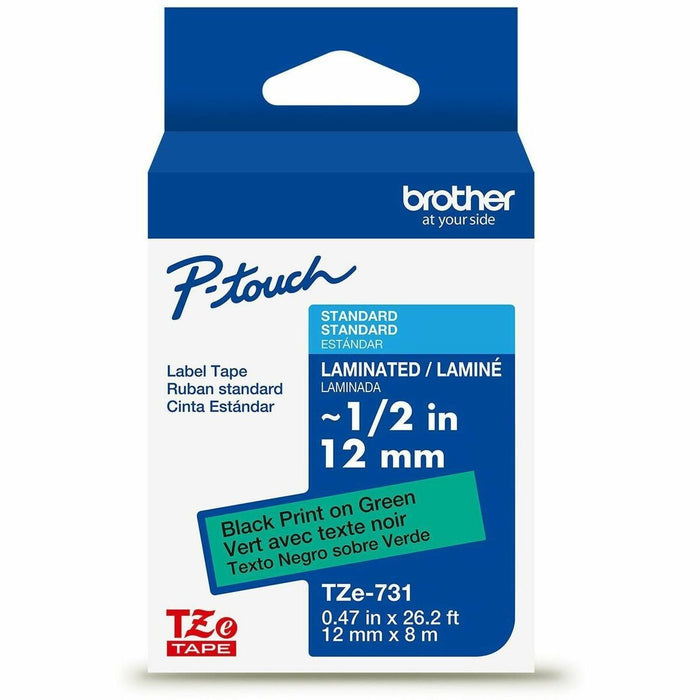 Brother Genuine P-touch TZe731 BK on GRN Label Tape, Laminated, 12mmX8m - x 15/32" (12 mm) Width - Green - Polyester - Water Resistant - Laminated - 1 Each