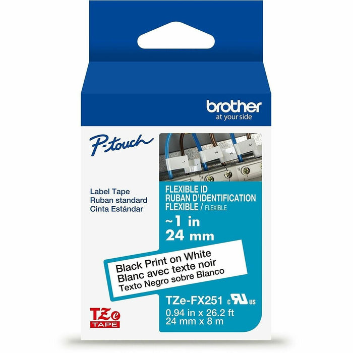 Brother Genuine P-touch TZeFX251 BK on WHT Label Tape, Flexible ID Laminated, 24mmX8m - x 15/16" (24 mm) Width - Black on White - Polyester - Water Resistant - Laminated - 1 Each