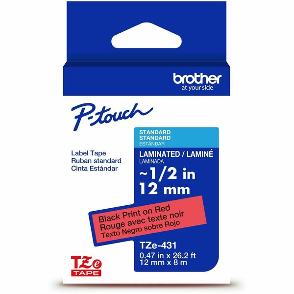 Brother Genuine P-touch TZe431 BK on RD Label Tape, Laminated, 12mmX8m - 15/32" (12 mm) Width - Red - Laminated - Water Resistant - 1 Each