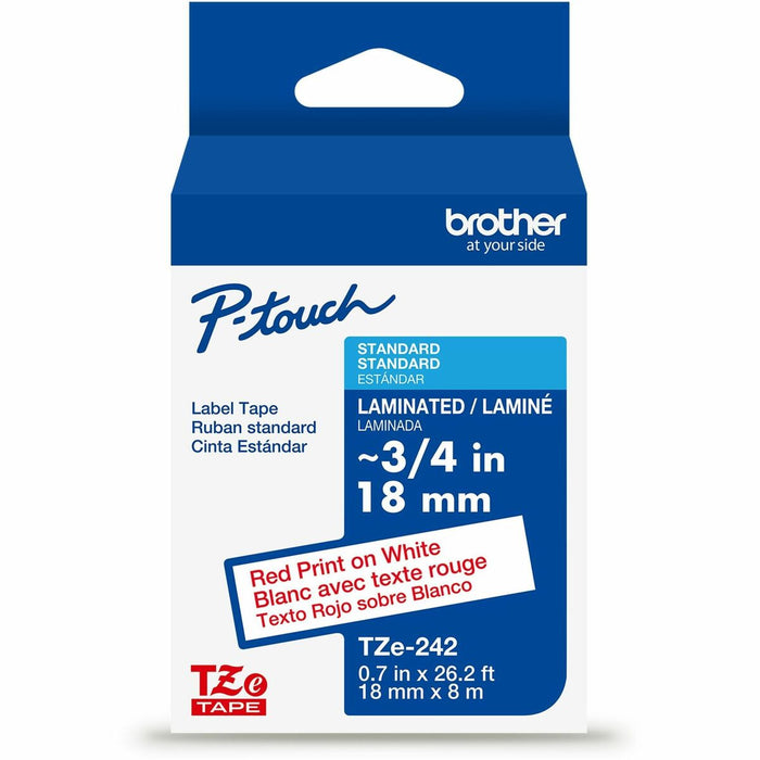 Brother Genuine P-touch TZe242 RD on WHT Label Tape, Laminated, 18mmX8m - 45/64" (18 mm) Width - White - Laminated - Water Resistant - 1 Each
