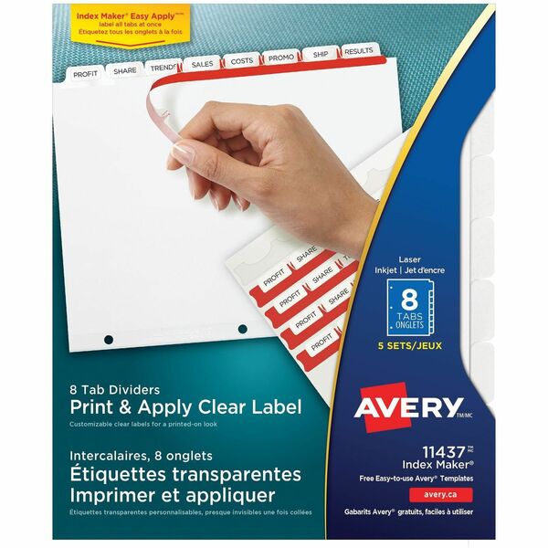 Avery&reg; Print & Apply Clear Label Dividers with Index Maker&reg; and Easy Apply&trade; Labels for Laser and Inkjet Printers, 8 tabs, 5 sets - 40 x Divider(s) - 8 Tab(s)/Set - 8.50" Divider Width x 11" Divider Length - Letter - 3 Hole Punched - Clear Pa