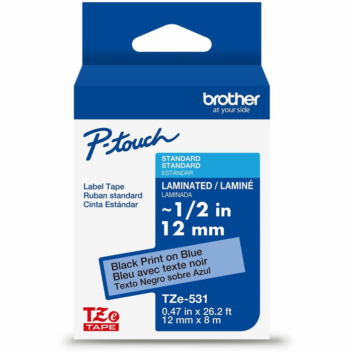 Brother Genuine P-touch TZe531 BK on BK Label Tape, Laminated, 12mmX8m - 15/32" (12 mm) Width - Blue - Laminated - Water Resistant - 1 Each
