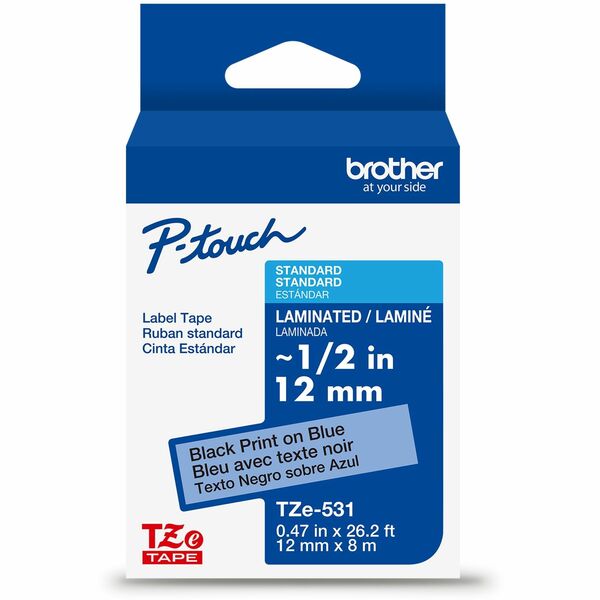 Brother Genuine P-touch TZe531 BK on BK Label Tape, Laminated, 12mmX8m - 15/32" (12 mm) Width - Blue - Laminated - Water Resistant - Durable, Abrasion Resistant, Chemical Resistant, Grease Resistant, Grime Resistant, Temperature Resistant, Fade Resistant,