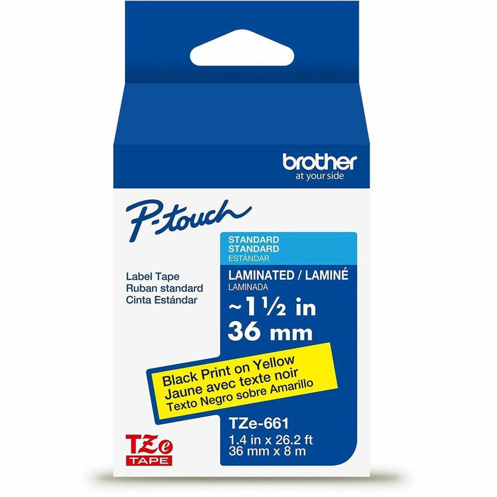 Brother Genuine P-touch TZe661 BK on YL Label Tape, Laminated, 36mmX8m - 1 27/64" (36 mm) Width - Yellow - Laminated - Water Resistant - 1 Each