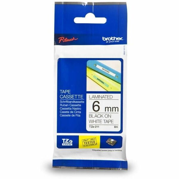 Brother Genuine P-touch TZe211 BK on WHT Label Tape, Laminated, 6mmX8m - x 15/64" (6 mm) Width - White - Polyethylene Terephthalate (PET) - Water Resistant - Laminated - Durable, Abrasion Resistant, Chemical Resistant, Grease Resistant, Grime Resistant, T