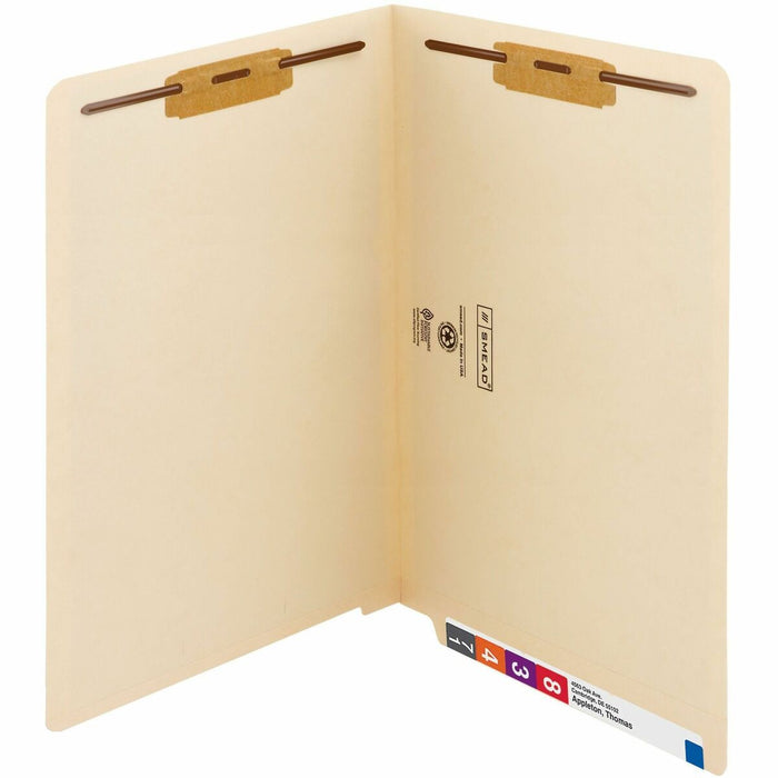 Smead Straight Tab Cut Legal Recycled Fastener Folder - 8 1/2" (215.90 mm) x 14" (355.60 mm) - 3/4" (19.05 mm) Expansion - 2 x 2B Fastener - 2" (50.80 mm) for Folder - End Tab Location - 11 pt. (3.87 mm) - 2 Plys - Manila - Embossed - 10% Recycled - 50 /