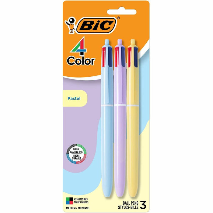 BIC Ballpoint Pen - Blue, Red, Green, Black Ink - Blue Round, Yellow, Purple Barrel - Home, School - 3 / Pack