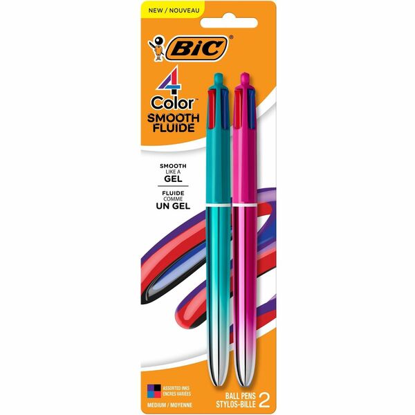 BIC 4-Colours Ballpoint Pen - 1 mm (0.04") Medium Pen Point - Refillable - Retractable - Assorted Ink - Assorted Round Barrel - Home - 2 Pack