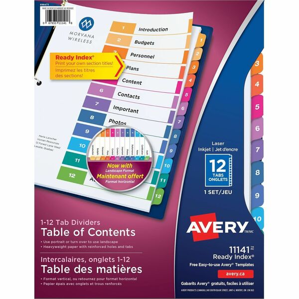 Avery&reg; Ready Index&reg; Table of Content Dividers for Laser and Inkjet Printers, 12 tabs - 12 x Divider(s) - 1-12 - 12 Tab(s)/Set - 8.50" Divider Width x 11" Divider Length - 3 Hole Punched - White Paper Divider - Multicolor Paper Tab(s) - Recycled -