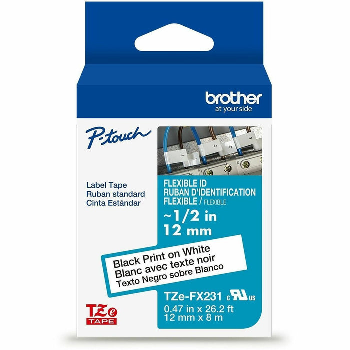 Brother Genuine P-touch TZeFX231 BK on WHT Label Tape, Flexible ID Laminated, 12mmX8m - x 15/32" (12 mm) Width - White - Polyester - Water Resistant - Laminated - 1 Each