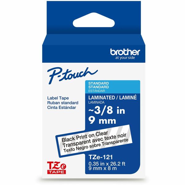 Brother Genuine P-touch TZe121 BK on CLR Label Tape, Laminated, 9mmX8m - 23/64" (9 mm) Width - Clear - Laminated - Water Resistant - Durable, Abrasion Resistant, Chemical Resistant, Grease Resistant, Grime Resistant, Temperature Resistant, Fade Resistant,