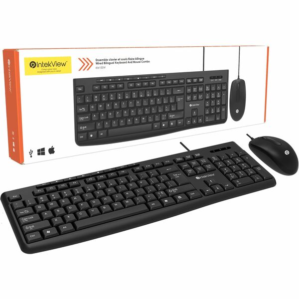 IntekView Wired Bilingual Keyboard and Mouse kit - USB Cable Keyboard - Bilingual, English, French - USB Cable Mouse - 1200 dpi - Scroll Wheel - Multimedia, Play/Pause, Mute, Volume Up, Volume Down, My Computer, Email, Power, Calculator Hot Key(s) - Symme