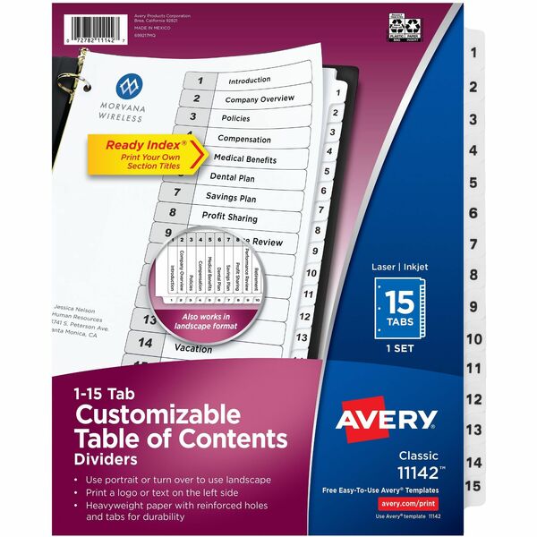 Avery&reg; Ready Index&reg; Table of Content Dividers for Laser and Inkjet Printers, 15 tabs - 15 x Divider(s) - 15 Tab(s) - Digit - 1-15 - 15 Tab(s)/Set - 8.50" (215.90 mm) Divider Width x 11" (279.40 mm) Divider Length - 3 Hole Punched - White Paper Div
