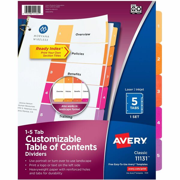 Avery&reg; Ready Index&reg; Table of Content Dividersfor Laser and Inkjet Printers, 5 tabs, 1 set - 5 x Divider(s) - 5 Tab(s) - Digit - 1-5 - 5 Tab(s)/Set - 8.50" (215.90 mm) Divider Width x 11" (279.40 mm) Divider Length - 3 Hole Punched - White Paper Di