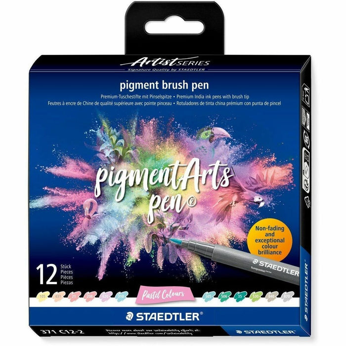 Staedtler pigment brush pen 371 - Pastel Yellow, Rose Pink, Light Rose, Ice Blue, Turquoise, Light Peach, Mint, Jade Green, Lime Green, Lavender Light, Warm Gray Light, ... Ink - Pigment-based, Water Based - Plastic, Polypropylene Barrel - Fiber Tip - Dra