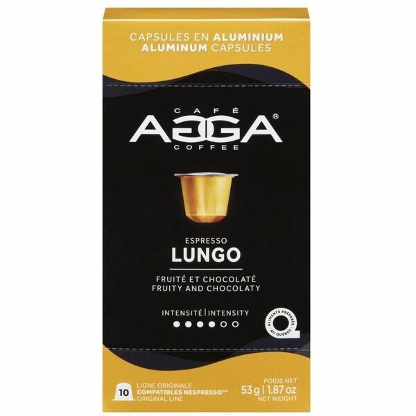 Agga Capsule Lungo Nespresso Compatible Capsule - Compatible with Nespresso OriginalLine - Medium - Capsule - Lungo - Kosher - 10 / Box