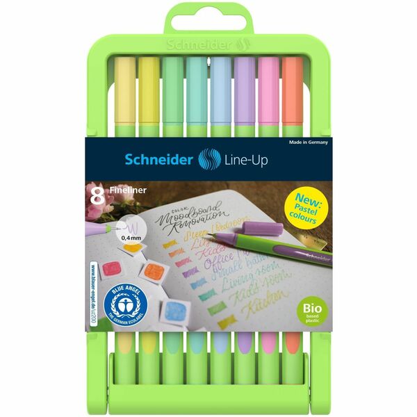 Schneider Line-Up Pastel, Fineliner, Case Stand x8, Assorted colours, 0.4mm Tip - 0.4 mm (0.02") Pen Point - Pastel Turquoise, Lime Pastel, Pastel Vanilla, Lilac Pastel, Pastel Rose, Pastel Blue, Mint Pastel, Apricot Pastel Ink - Rubberized Triangular, Bi