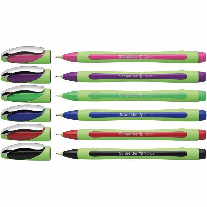 Schneider Xpress, Fineliner, Wallet x6, Assorted colours, 0.8mm Tip - Black, Red, Green, Blue, Violet, Pink Ink - Water Based - Rubberized Barrel - Fiber Tip - Writing, Document - 6 / Pack