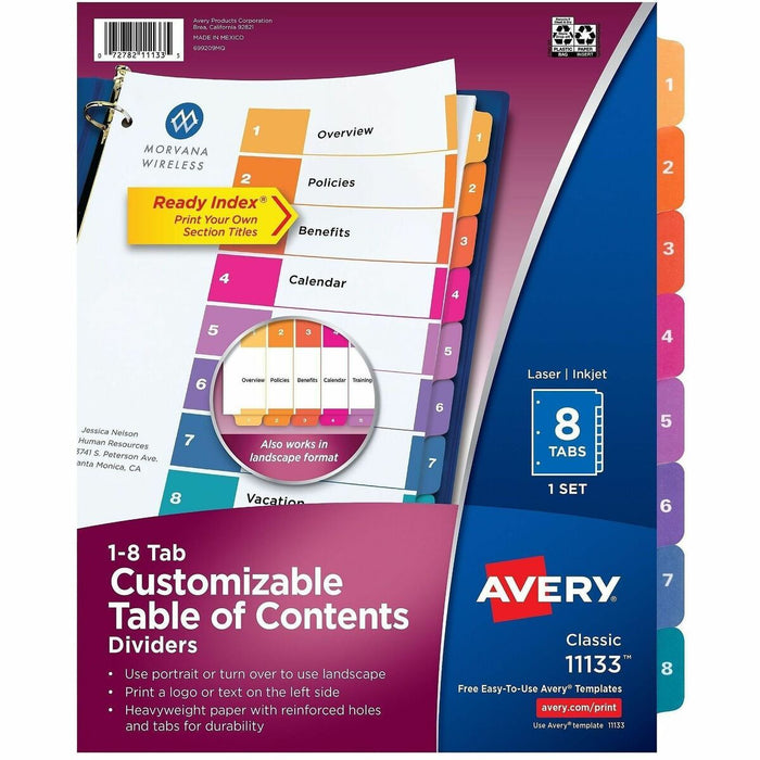 Avery&reg; Ready Index&reg; Table of Content Dividersfor Laser and Inkjet Printers, 8 tabs, 1 set - 8 x Divider(s) - 8 Tab(s) - Digit - 1-8 - 8 Tab(s)/Set - 8.50" (215.90 mm) Divider Width x 11" (279.40 mm) Divider Length - 3 Hole Punched - White Paper Di