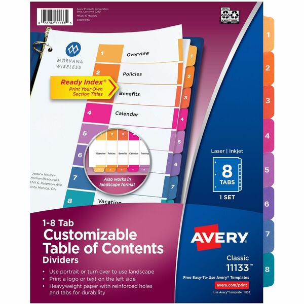 Avery&reg; Ready Index&reg; Table of Content Dividersfor Laser and Inkjet Printers, 8 tabs, 1 set - 8 x Divider(s) - 8 Tab(s) - Digit - 1-8 - 8 Tab(s)/Set - 8.50" (215.90 mm) Divider Width x 11" (279.40 mm) Divider Length - 3 Hole Punched - White Paper Di