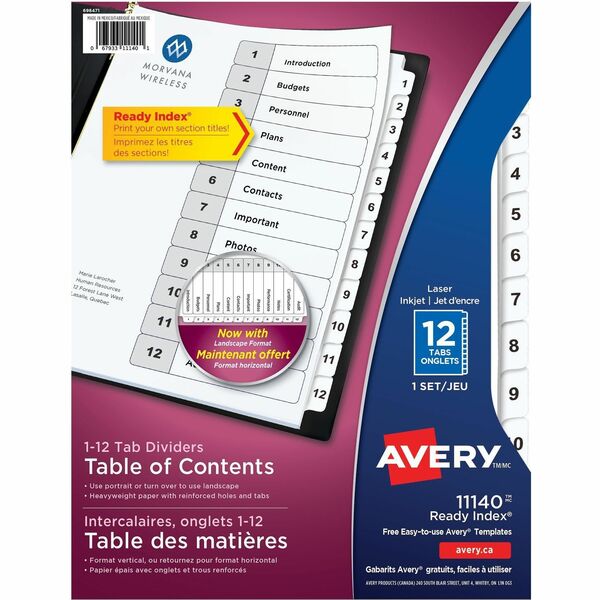 Avery&reg; Ready Index&reg; Table of Content Dividers for Laser and Inkjet Printers, 12 tabs - 12 x Divider(s) - 1-12 - 12 Tab(s)/Set - 8.50" Divider Width x 11" Divider Length - 3 Hole Punched - White Paper Divider - White Paper Tab(s) - 12 / Set