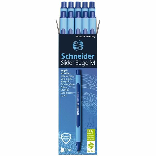 Schneider Slider Edge - Medium Pen Point - Blue Ink - Rubberized Barrel - Stainless Steel Tip - Writing, Drawing, DIY Project - 10 / Box
