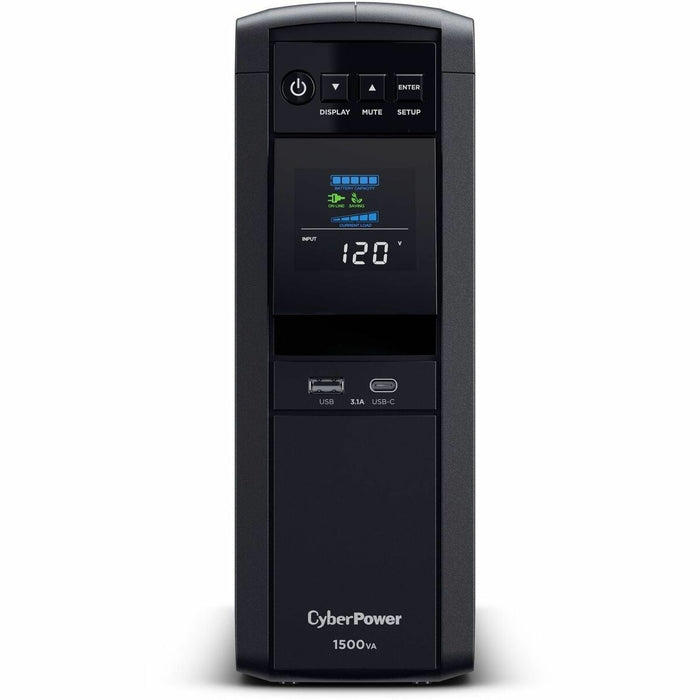 CyberPower PFC Sinewave UPS CP1500PFCLCD 1500VA Mini-tower UPS - Mini-tower - AVR - 8 Hour Recharge - 2.50 Minute Stand-by - 120 V AC Input - 120 V AC Output - Sine Wave - Serial Port - USB - LCD Display - 12 x NEMA 5-15R, 1 x USB Type A, 1 x USB Type C R