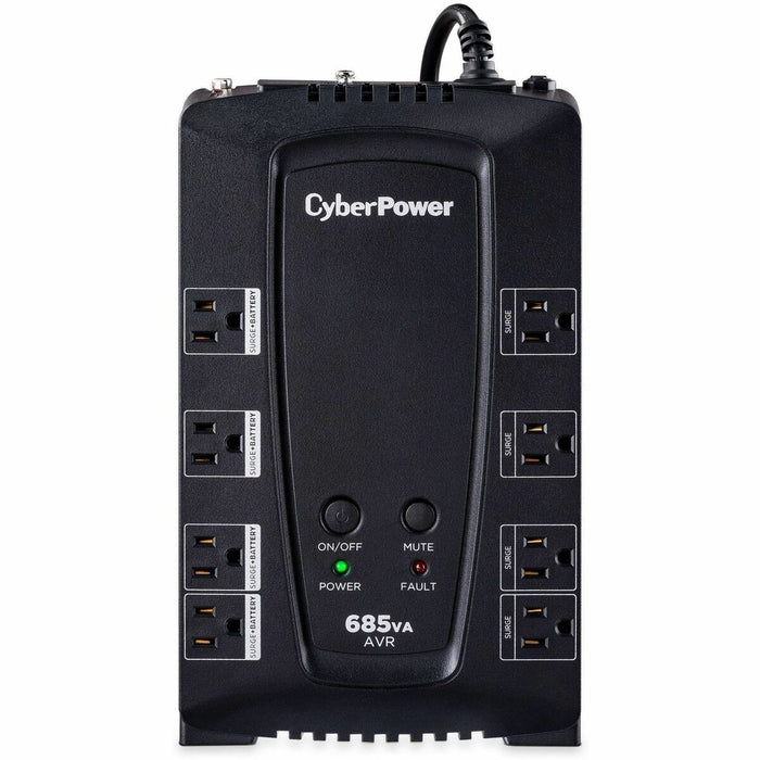 CyberPower CP685AVRG 685VA Compact UPS - Compact - AVR - 8 Hour Recharge - 2 Minute Stand-by - 120 V AC Input - 120 V AC Output - Simulated Sine Wave - Serial Port - USB - 8 x NEMA 5-15R Receptacle(s) - 4 x Battery/Surge Outlet