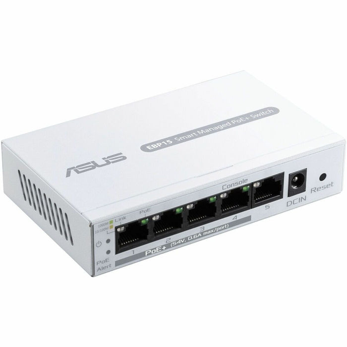 Asus ExpertWiFi EBP15 Ethernet Switch - 5 Ports - Manageable - Gigabit Ethernet - 10/100/1000Base-T - 2 Layer Supported - 60 W PoE Budget - Twisted Pair - PoE Ports - White - Standalone