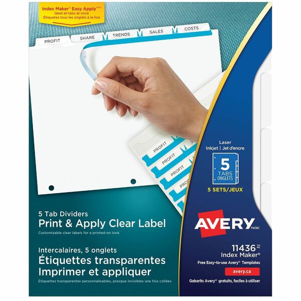 Avery&reg; Print & Apply Clear Label Dividers with Index Maker&reg; Easy Apply&trade; Labels for Laser and Inkjet Printers, 5 tabs, 5 sets - 25 x Divider(s) - 5 Tab(s)/Set - 8.50" Divider Width x 11" Divider Length - Letter - 3 Hole Punched - Clear Paper