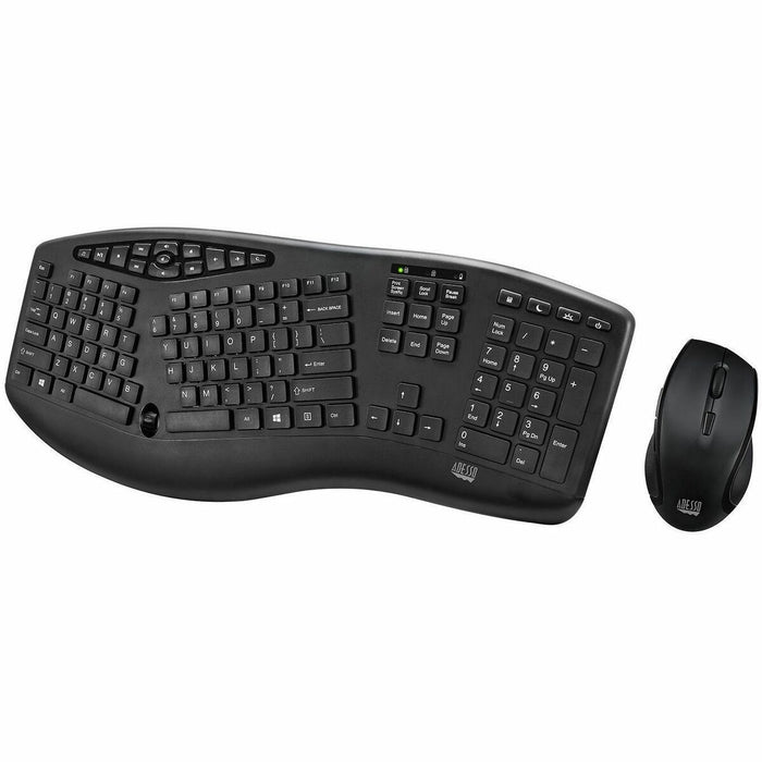 Adesso TruForm 1600 Wireless Ergonomic Keyboard and Optical Mouse - USB Membrane Wireless RF 2.40 GHz Keyboard - 104 Key - French - USB Wireless RF Mouse - Optical - 1600 dpi - Scroll Wheel - Home, Back, Forward, Search, Email, Sleep, Wake-up, Power, Medi