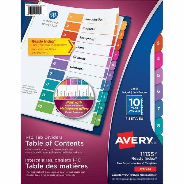 Avery&reg; Ready Index&reg; Table of Content Dividers for Laser and Inkjet Printers, 10 tabs, 1 set - 10 x Divider(s) - 1-10 - 10 Tab(s)/Set - 8.50" Divider Width x 11" Divider Length - 3 Hole Punched - White Paper Divider - Multicolor Paper Tab(s) - Recy