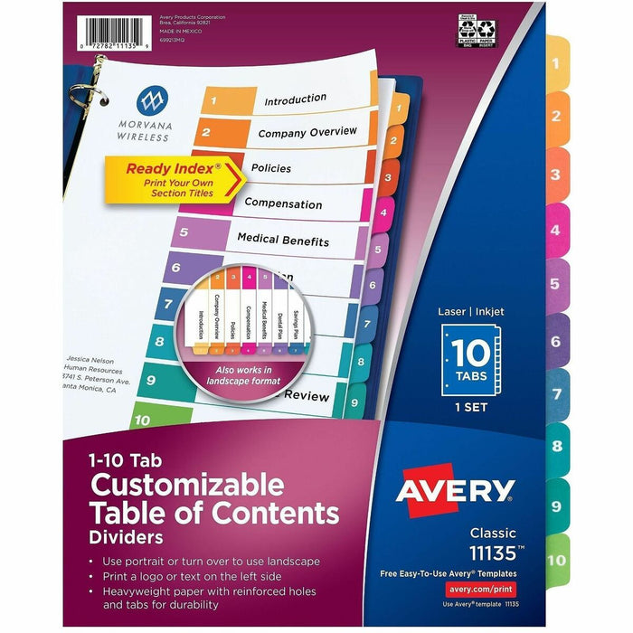 Avery&reg; Ready Index&reg; Table of Content Dividers for Laser and Inkjet Printers, 10 tabs, 1 set - 10 x Divider(s) - 10 Tab(s) - Digit - 1-10 - 10 Tab(s)/Set - 8.50" (215.90 mm) Divider Width x 11" (279.40 mm) Divider Length - 3 Hole Punched - White Pa