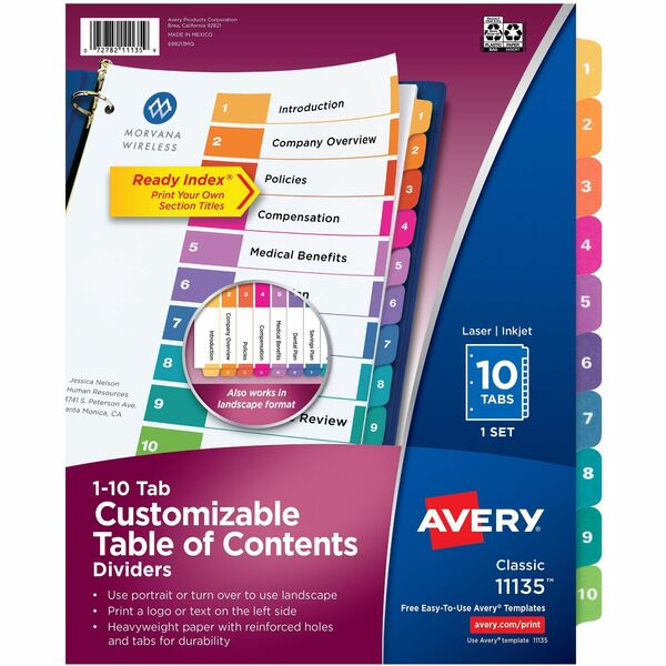 Avery&reg; Ready Index&reg; Table of Content Dividers for Laser and Inkjet Printers, 10 tabs, 1 set - 10 x Divider(s) - 10 Tab(s) - Digit - 1-10 - 10 Tab(s)/Set - 8.50" (215.90 mm) Divider Width x 11" (279.40 mm) Divider Length - 3 Hole Punched - White Pa