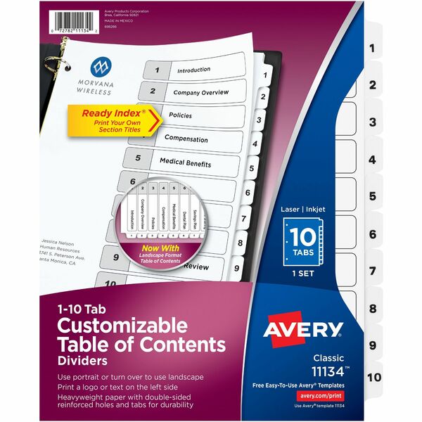 Avery&reg; Ready Index&reg; Table of Content Dividers for Laser and Inkjet Printers, 10 tabs - 10 x Divider(s) - 1-10 - 10 Tab(s)/Set - 8.50" Divider Width x 11" Divider Length - 3 Hole Punched - White Paper Divider - White Paper Tab(s) - Recycled - 10 /