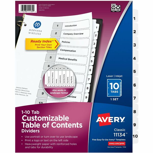 Avery&reg; Ready Index&reg; Table of Content Dividersfor Laser and Inkjet Printers, 10 tabs - 10 x Divider(s) - 10 Tab(s) - Digit - 1-10 - 10 Tab(s)/Set - 8.50" (215.90 mm) Divider Width x 11" (279.40 mm) Divider Length - 3 Hole Punched - White Paper Divi