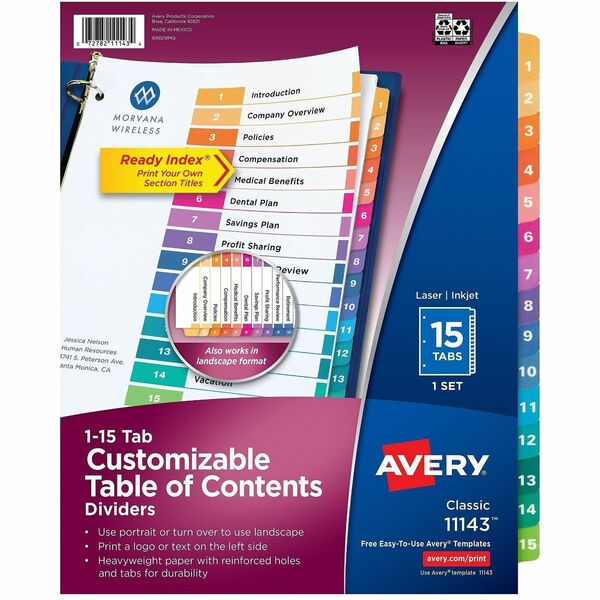 Avery&reg; Ready Index&reg; Table of Content Dividersfor Laser and Inkjet Printers, 15 tabs, 1 set - 15 x Divider(s) - 15 Tab(s) - Digit - 1-15 - 15 Tab(s)/Set - 8.50" (215.90 mm) Divider Width x 11" (279.40 mm) Divider Length - 3 Hole Punched - White Pap