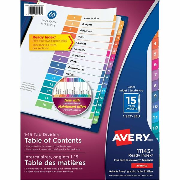 Avery&reg; Ready Index&reg; Table of Content Dividers for Laser and Inkjet Printers, 15 tabs, 1 set - 15 x Divider(s) - 1-15 - 15 Tab(s)/Set - 8.50" Divider Width x 11" Divider Length - 3 Hole Punched - White Paper Divider - Multicolor Paper Tab(s) - Recy