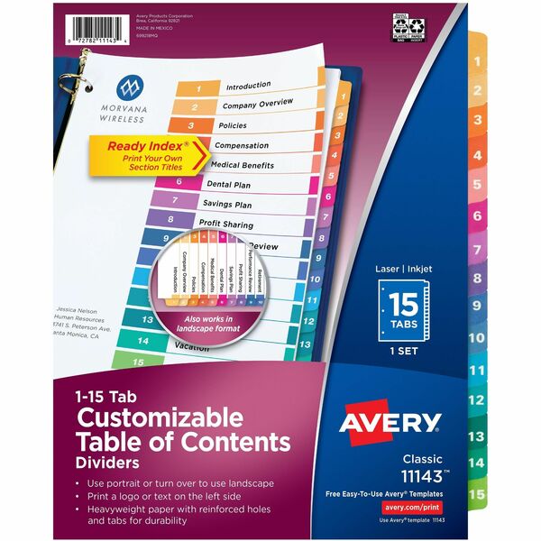 Avery&reg; Ready Index&reg; Table of Content Dividersfor Laser and Inkjet Printers, 15 tabs, 1 set - 15 x Divider(s) - 15 Tab(s) - Digit - 1-15 - 15 Tab(s)/Set - 8.50" (215.90 mm) Divider Width x 11" (279.40 mm) Divider Length - 3 Hole Punched - White Pap