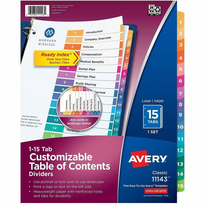Avery&reg; Ready Index&reg; Table of Content Dividersfor Laser and Inkjet Printers, 15 tabs, 1 set - 15 x Divider(s) - 15 Tab(s) - Digit - 1-15 - 15 Tab(s)/Set - 8.50" (215.90 mm) Divider Width x 11" (279.40 mm) Divider Length - 3 Hole Punched - White Pap