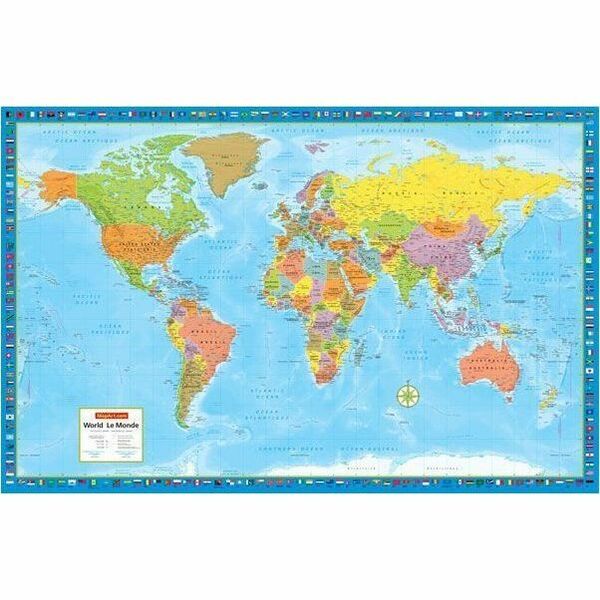 MapArt World Laminated Wall Map - 1225 - 59" (1498.60 mm) Width x 38" (965.20 mm) Height - Office, Home, Classroom - Laminated, Bilingual
