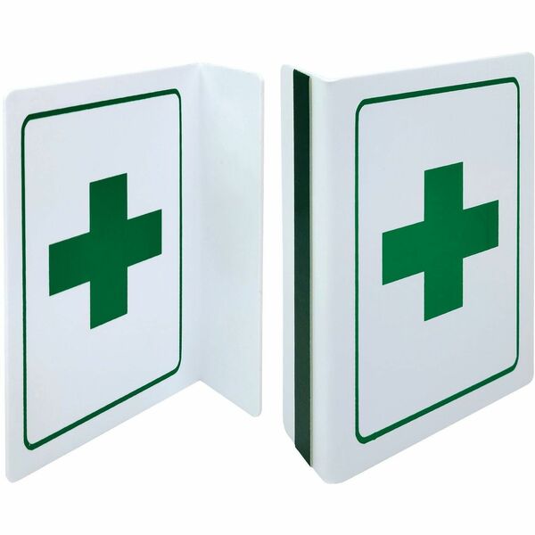 First Aid Central Safety Sign - Print/Message "First Aid" - 5.50" (139.70 mm) Width x 2" (50.80 mm) Height x 8" (203.20 mm) Depth - L-shaped Shape - Wall - Durable, Chemical Resistant, Abrasion Resistant, Moisture Resistant, Long Lasting, Easy Installatio