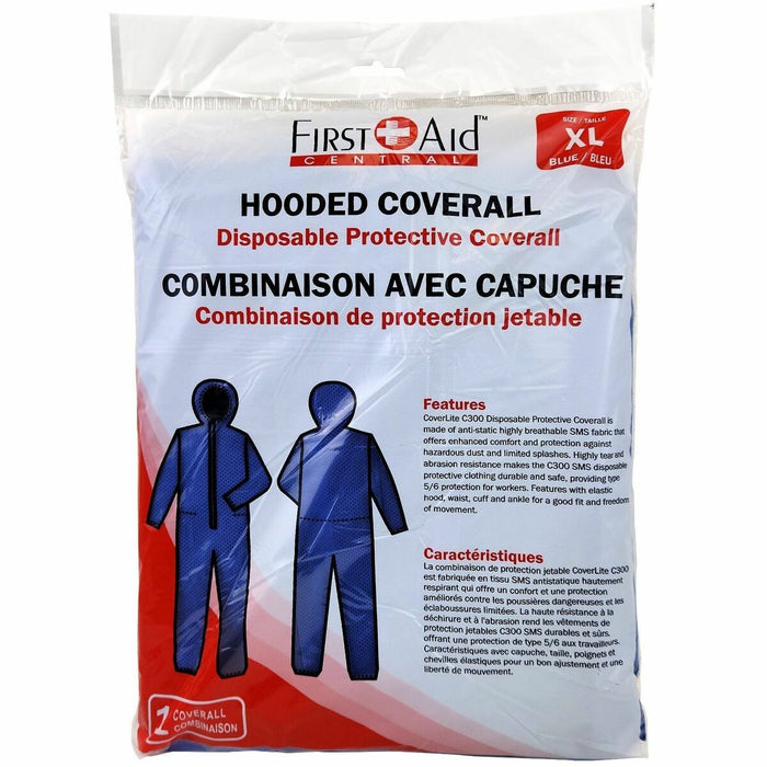 First Aid Central Disposable Hooded Coverall (XL) - Extra Large - Dust, Splash Protection - Zipper Closure - SMS, Polypropylene, Fabric - Blue - Disposable, Anti-static, Breathable, Comfortable, Tear Resistant, Abrasion Resistant, Elastic Hood, Elastic Wa