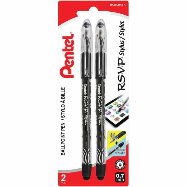 Pentel R.S.V.P. Stylus Ballpoint Pen, (0.7mm), Black Ink, 2PC Pack - Stylus Ballpoint Pen, Everyday Writing, Touch Screen Back Nib, Long Lasting 1,400m Writing Distance