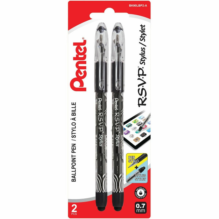 Pentel R.S.V.P. Stylus Ballpoint Pen, (0.7mm), Black Ink, 2PC Pack - Stylus Ballpoint Pen, Everyday Writing, Touch Screen Back Nib, Long Lasting 1,400m Writing Distance
